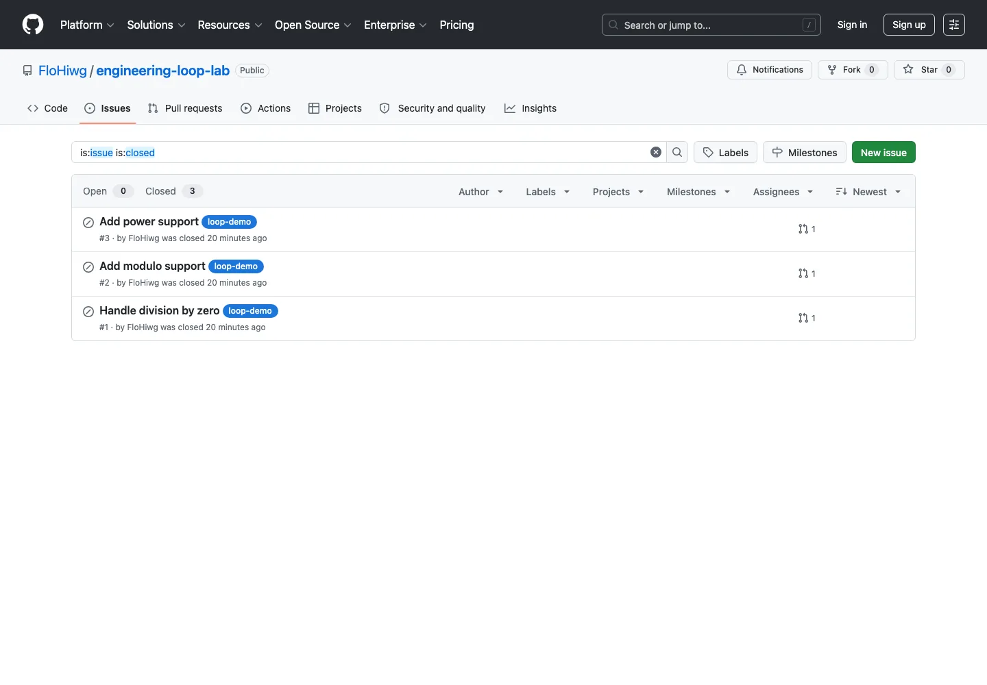 GitHub Issues list showing three closed engineering loop demo issues for division by zero, modulo support, and power support