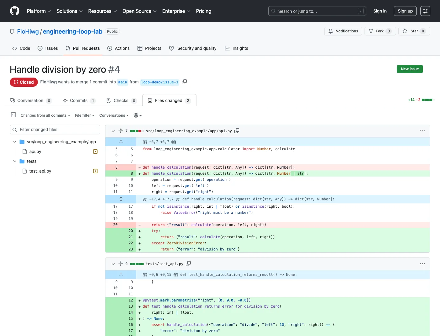 GitHub pull request diff showing changes to the calculator API and its division-by-zero tests
