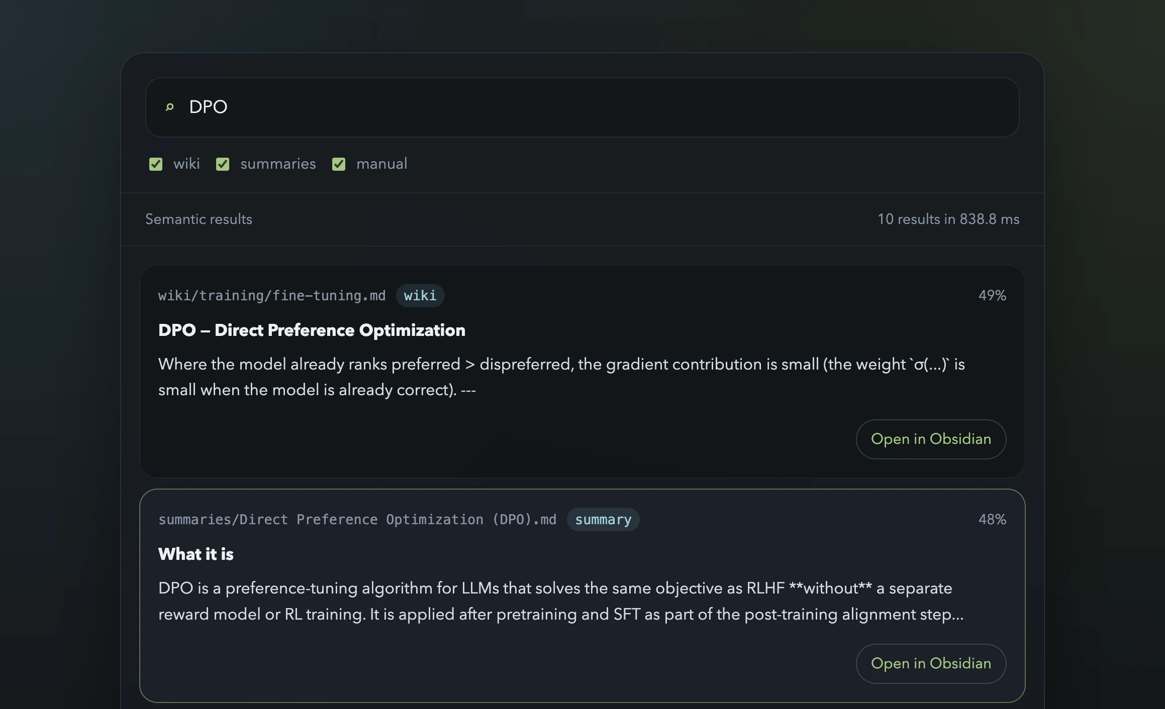 Semantic search UI for the AI ML knowledge base showing DPO search results with Obsidian deep links
