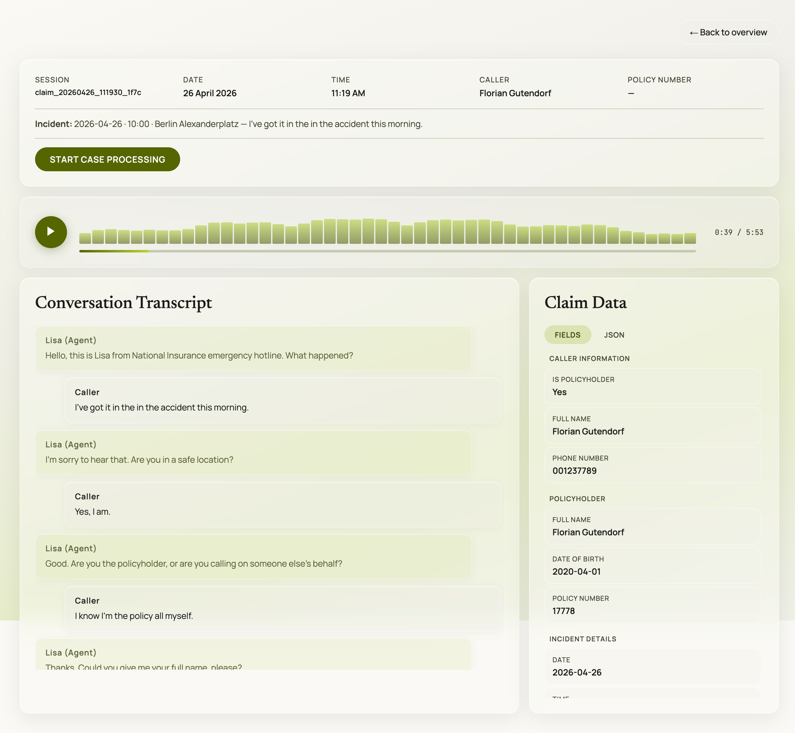Lisa voice agent web UI showing an active session and extracted insurance claim data